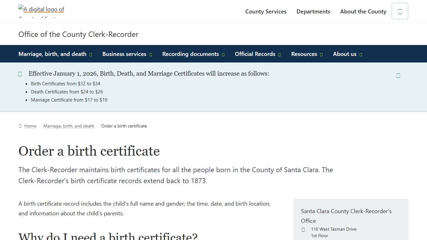 Order a birth certificate | Office of the County Clerk-Recorder | County of Santa Clara