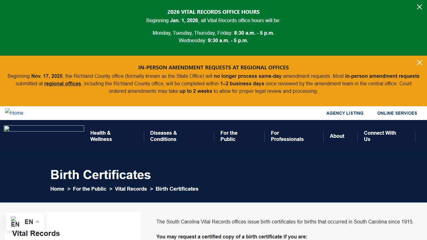 Birth Certificates | South Carolina Department of Public Health